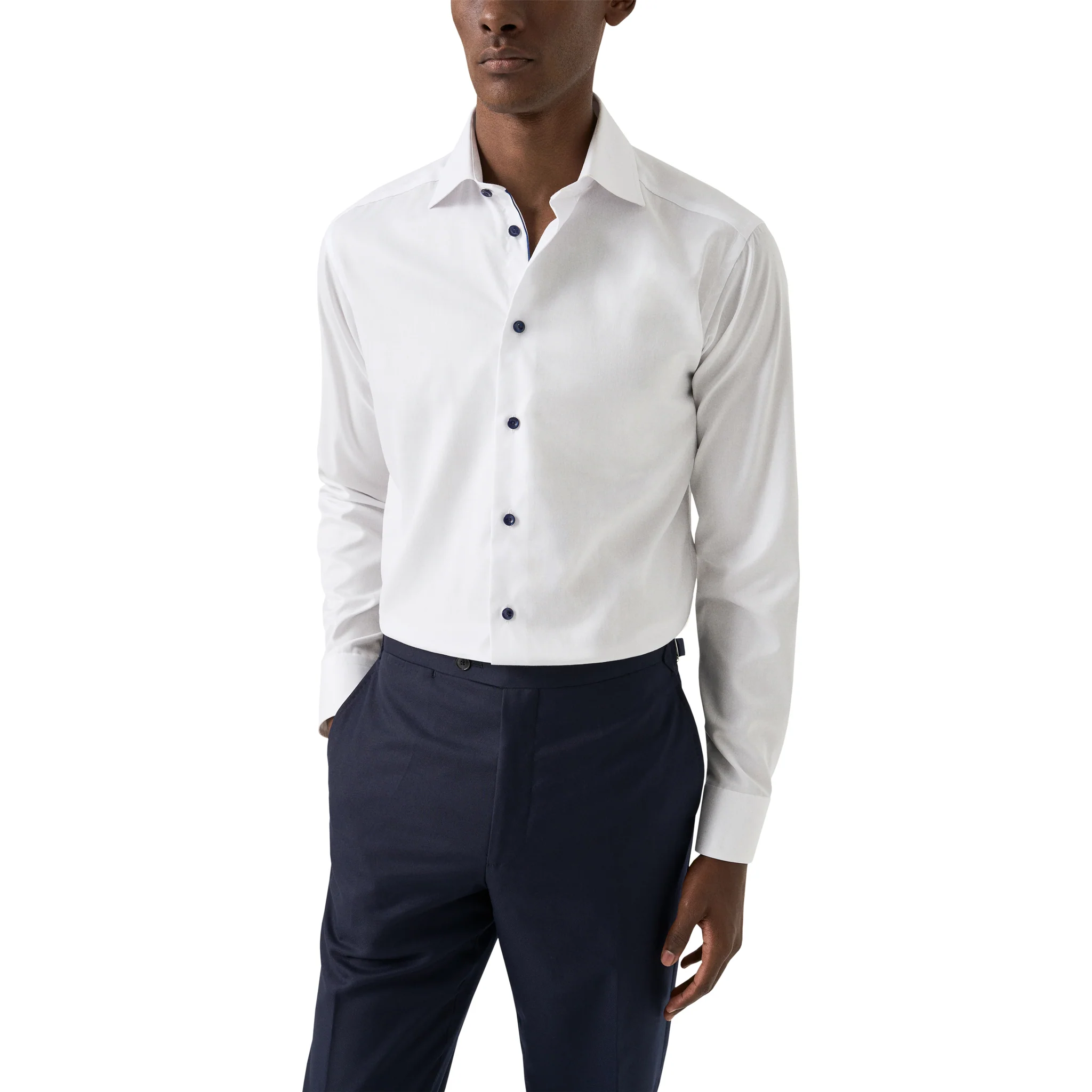 White w/ Navy Buttons Signature Twill Slim Fit Dress Shirt - ETON