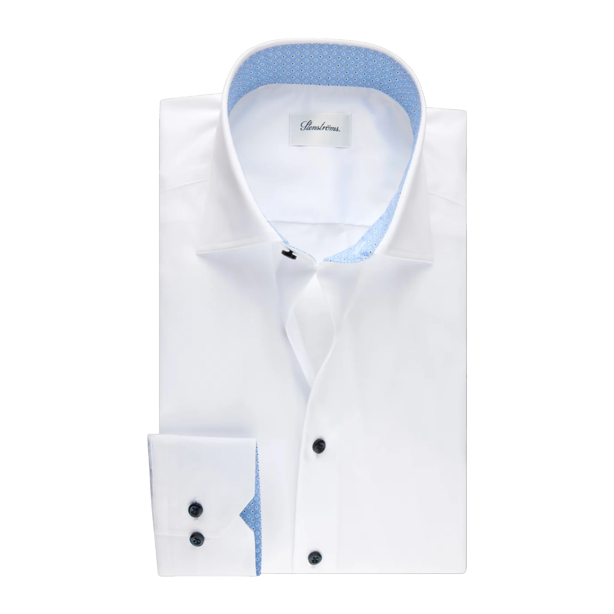 White with Blue Contrast Trim Twill Fitted Body Dress Shirt - Stenströms