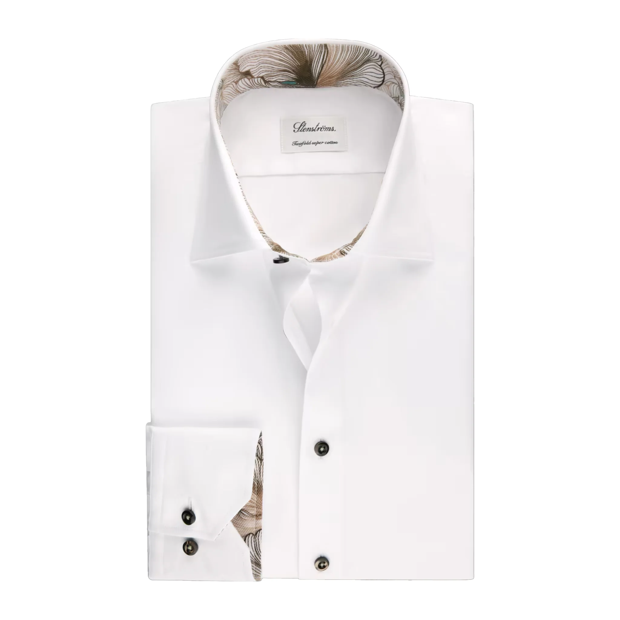 White with Floral Trim Cotton Twill Slimline Shirt - Stenströms