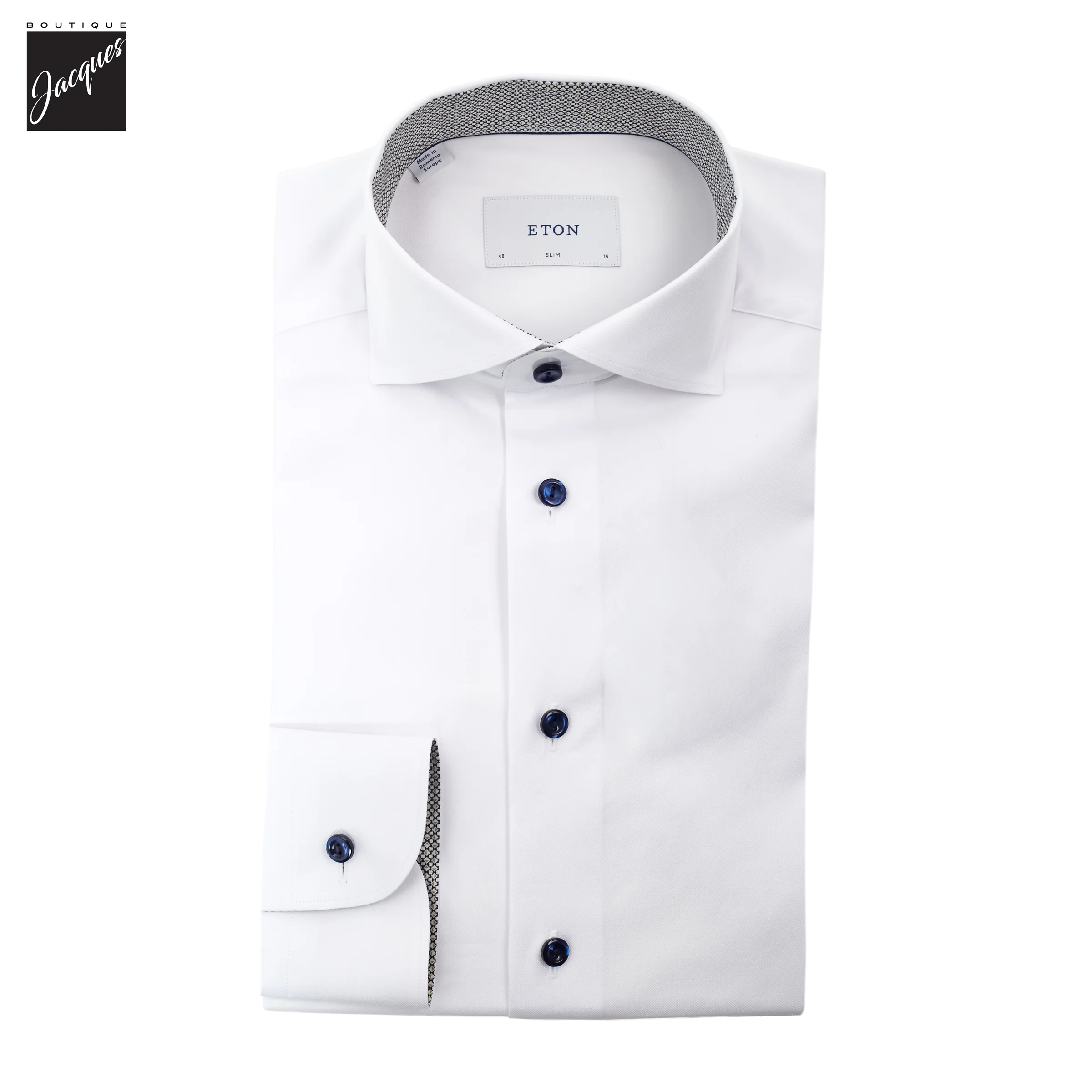 White with Navy Geometric Effect Signature Twill Slim Fit Shirt - ETON