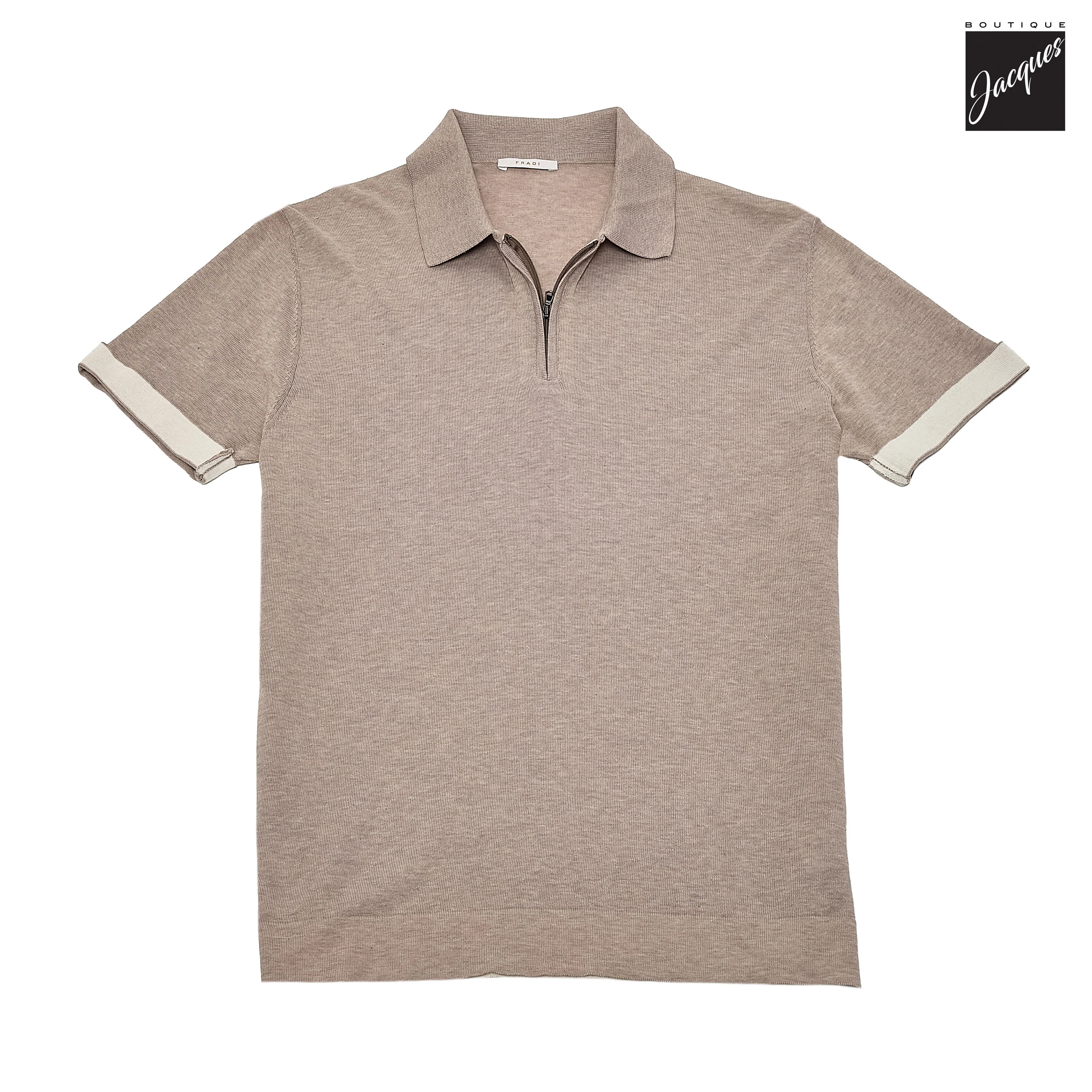 Yuta Beige Knitted Cotton Short Sleeve Zip Polo - FRADI - Image 3