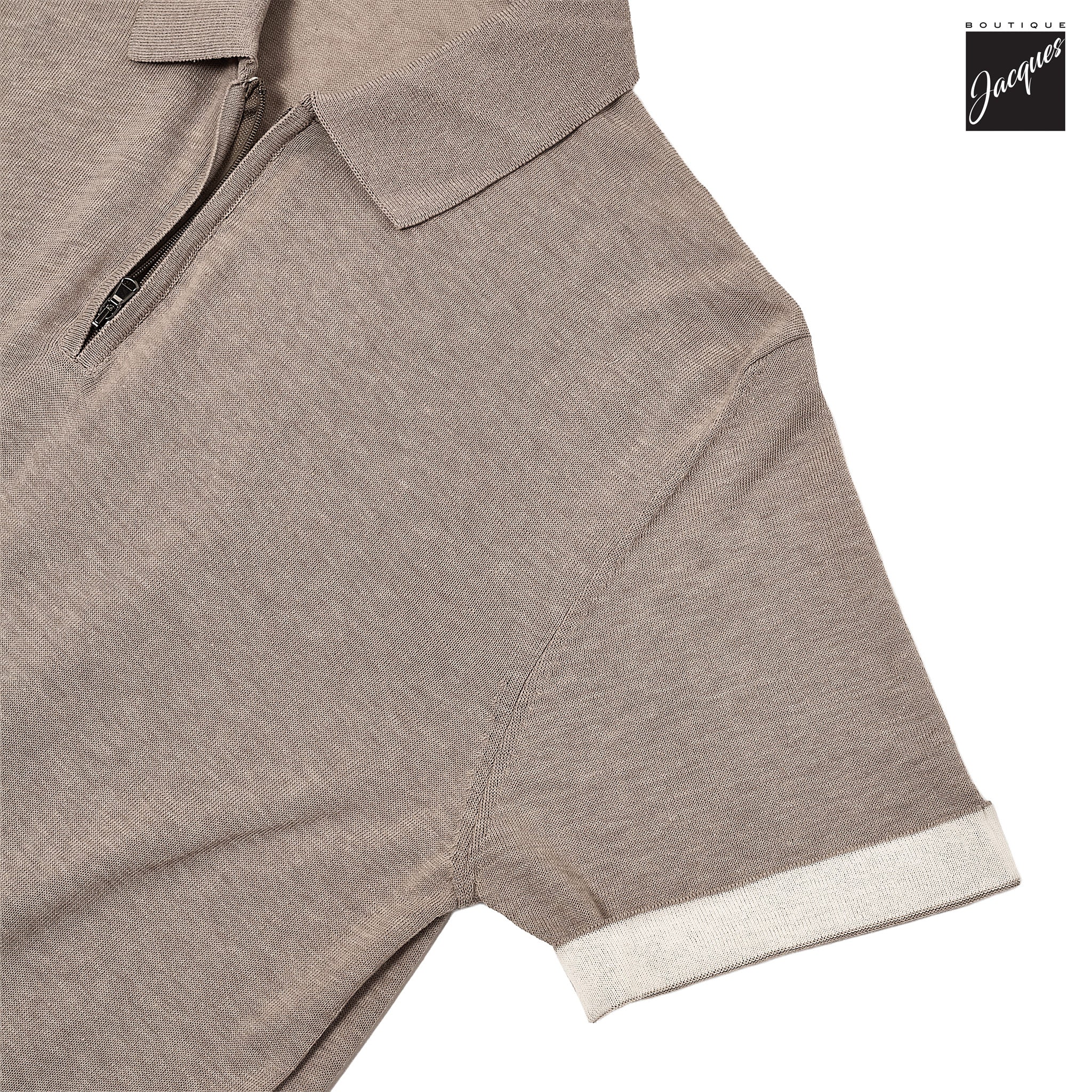 Yuta Beige Knitted Cotton Short Sleeve Zip Polo - FRADI - Image 5